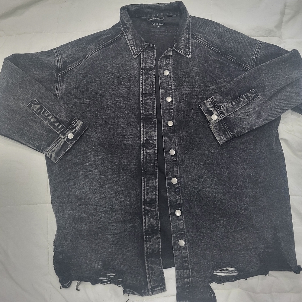 Fashion Nova Distressed Oversized Washed Black Denim Jacket